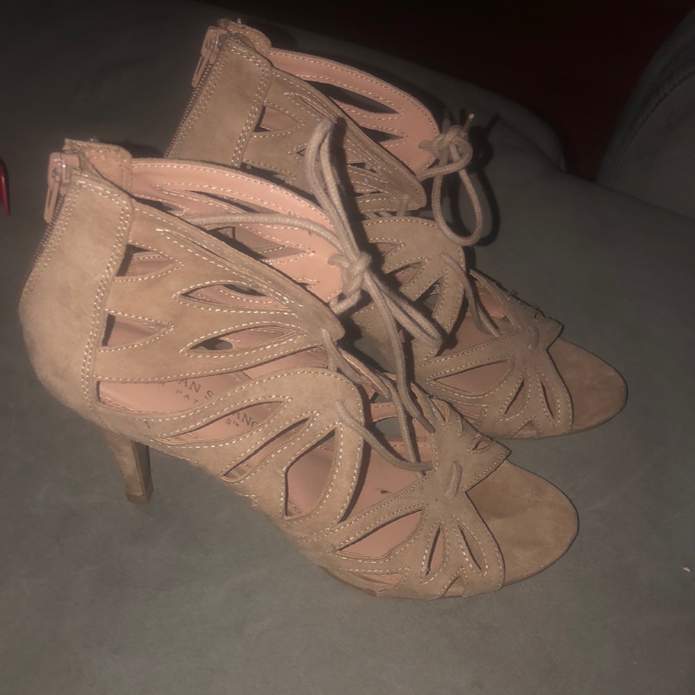 Christian Serrano tan suede sandal heels